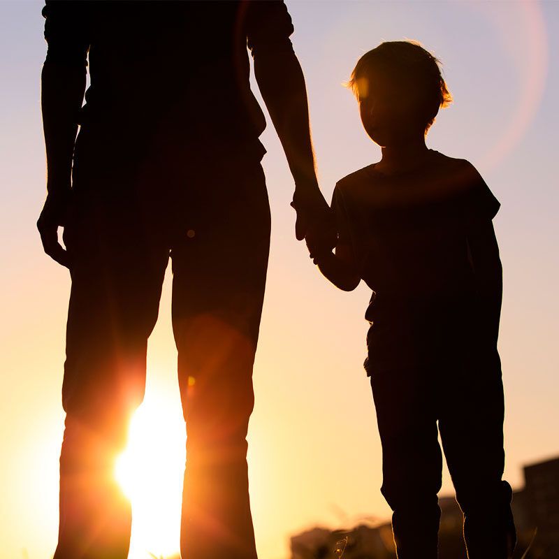Father holding hands with his son staring at the sunset