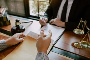 Closeup view of a divorce modification lawyer in Loudoun County, speaking with a client.