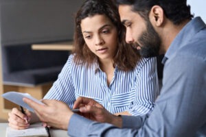 A family lawyer in Prince William County speaking with a client.