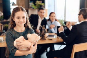 Parents and child meet with child support lawyer in Fairfax