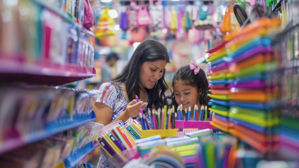 Mother and daughter picking out school supplies