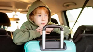 A child with luggage in the back of a car